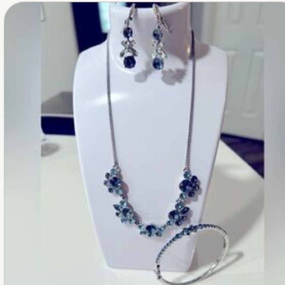 Givenchy Silver Tone Blue Crystal Necklace Earrings Bracelet Set